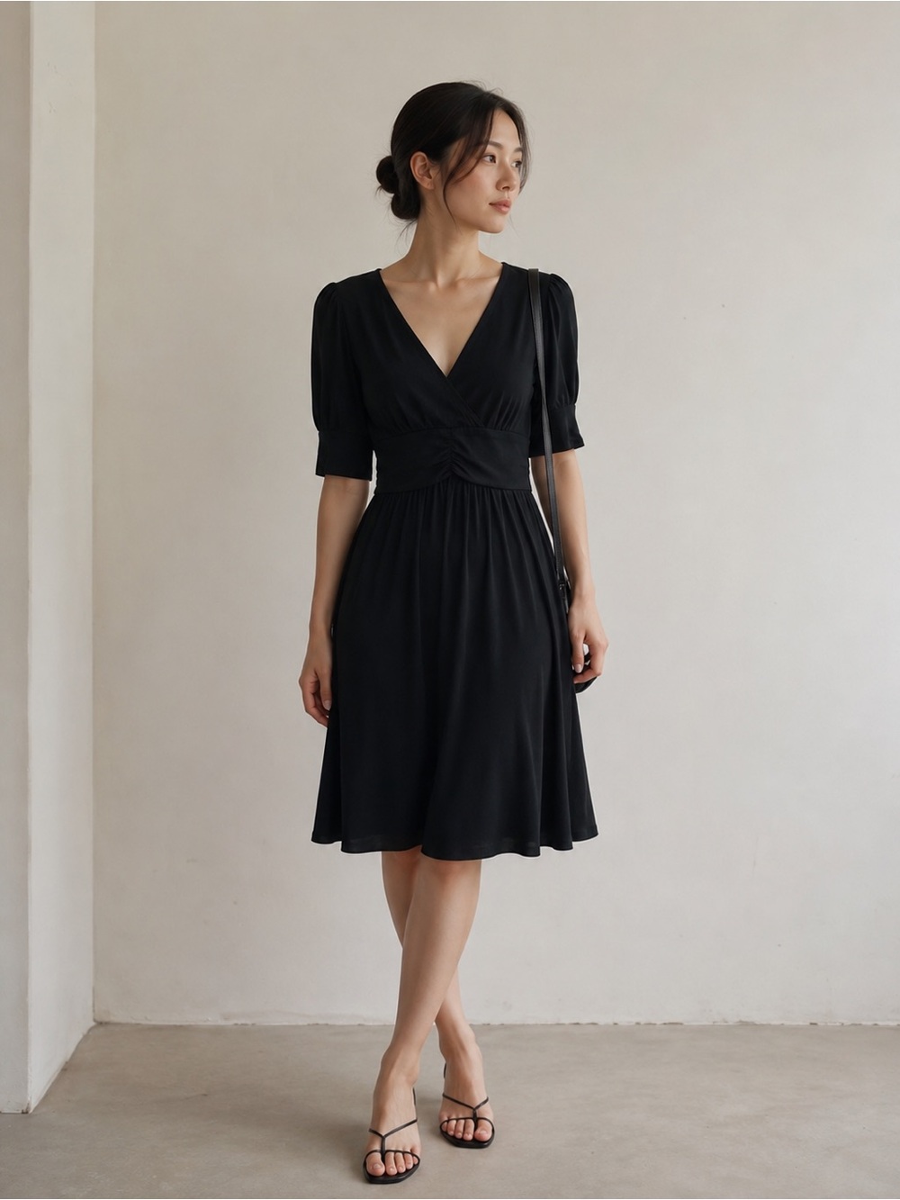 M by Madonna for H&M‎ Vintage Black V-Neck Midi Dress with Short Sleeves